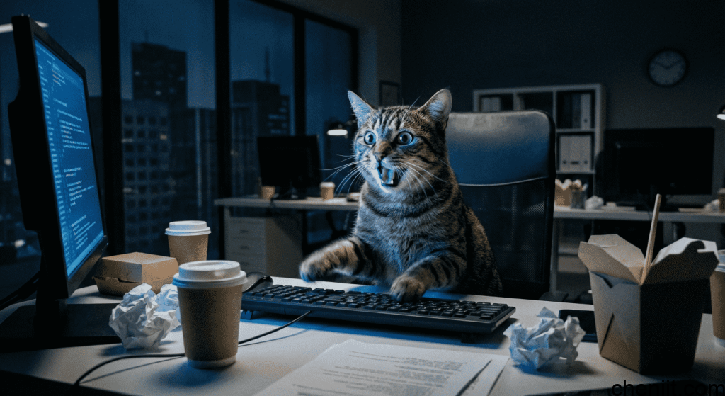 Nano Banana 提示词1-爆款梗图:猫咪在电脑前加班打字